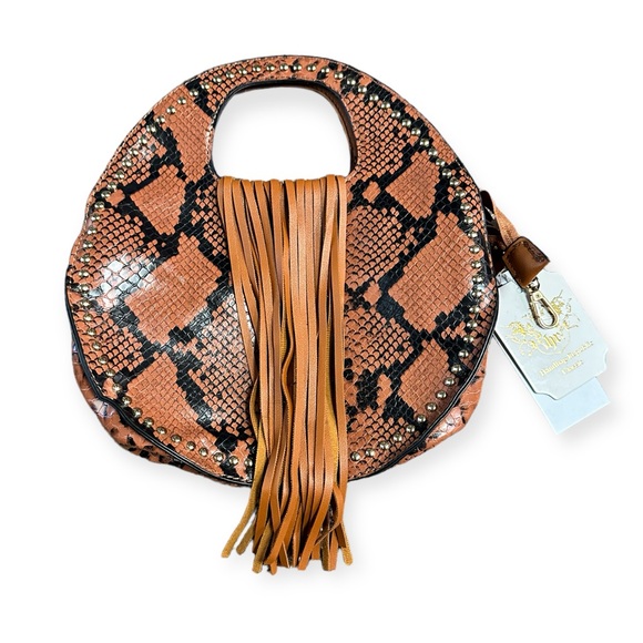 Handbags - Vegan Fringe Accent Snake Print Cut-out Handle 2-Way Medium Satchel